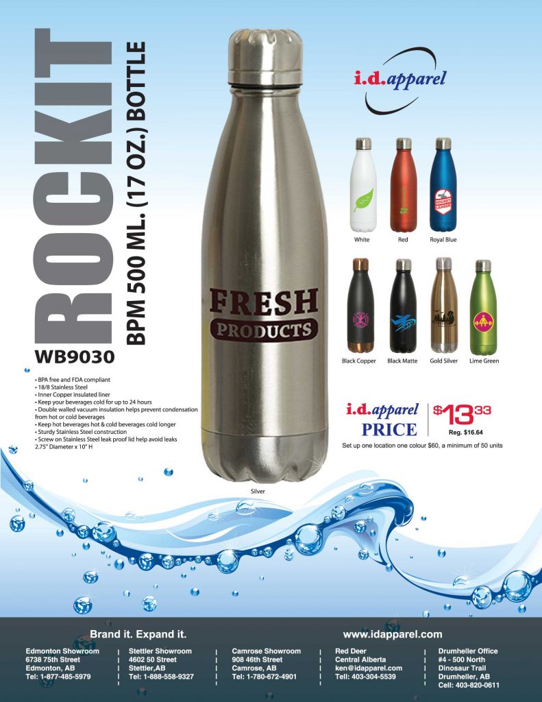 id apparel flyer with water bottles for sale
