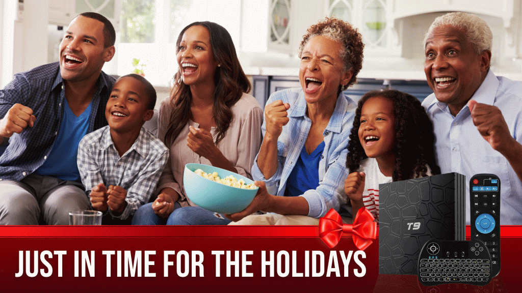 A black family watching tv with excitement and popcorn popcorn. Slide 2 over 300 channels for just one price.