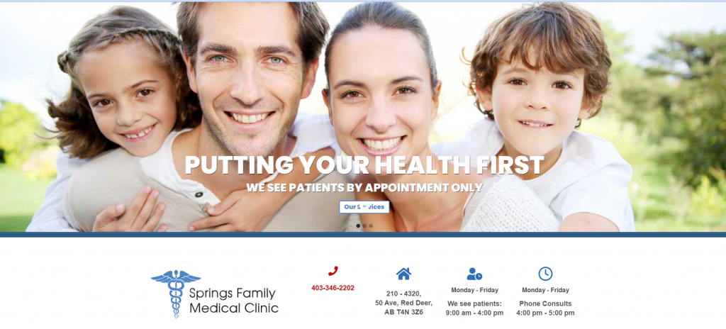 The banner for Sprongs Family Medical Clinic, with a happy white family comprising of a mother father daughter and son.