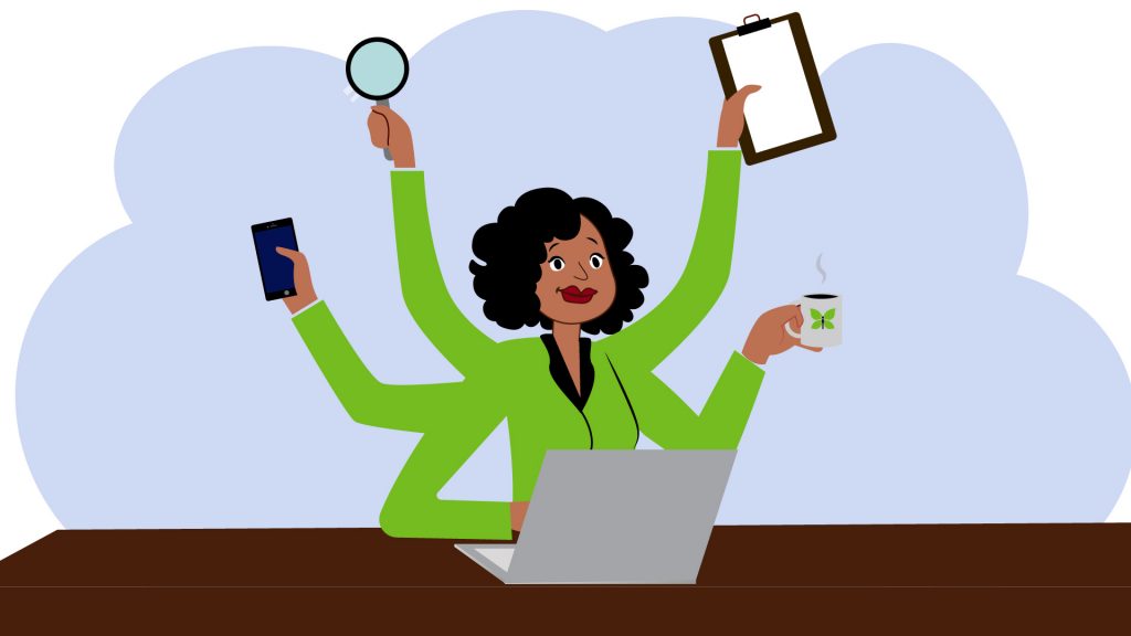 An illustration of a woman with 6 arms sitting at her laptop doing it all