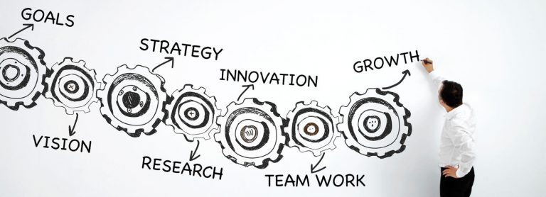 A businessman drawing on a chalkboard, seven gears working together to depict strategy.