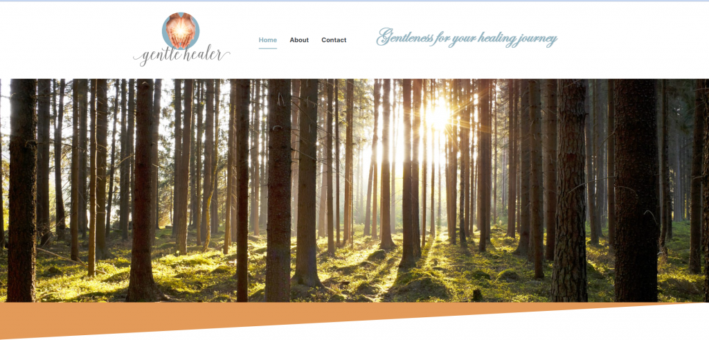 Website banner for gentle healer counselling service with tall trees and sunlight shining through them.