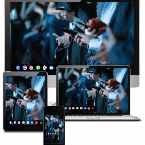 Desktop and laptop computers with and an iPad and iPhone, with the same picture on each screen of people checking their social media.