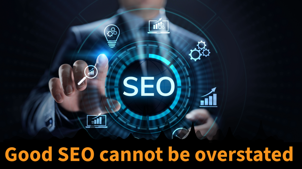 A man in a blue suit pointing at SEO symbles, with xext below that reads "SEO cannot be overstated"