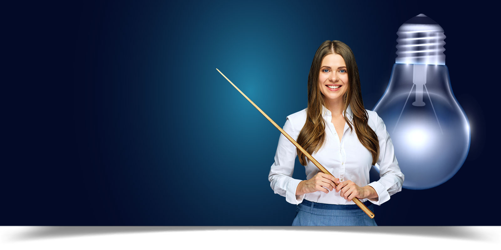 blue background with a female teacher pointing with a stick to the left, with a light bulb behind her.